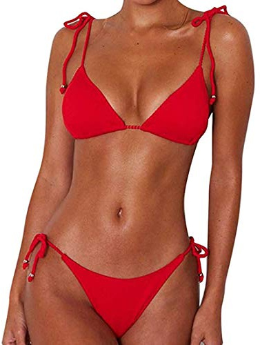 CheChury Costume da Bagno Bikini Set Retro Tinta Unita Push-up Imbottito Costumi da Bagno Due Pezzi Brasiliana Bikini Set,Rosso,XL