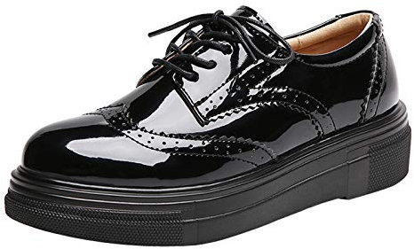 PPXID Damen Halbschuhe Schwarz Schnürschuhe Lack Brogues Keilabsatz 4.5CM Sneaker,Herstellergröße 39,Schwarz,38 EU