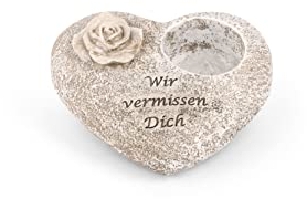 Novaliv Decoración para tumba con corazón gris con texto en alemán Wir vermissen Dich Grabdeko Grabherz Wetterfest Grabdekoration Gedenkstein Teelichthalter Trauerstein