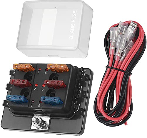 Jtron Portafusibles de 6 compartimentos ATO con pantalla LED, cubierta protectora, DC 12 V-32 V para coche, bloque de fusibles con 6 fusibles planos para coche, barco, marino, SUV