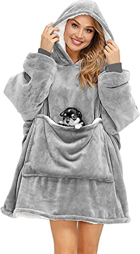 CheChury Sherpa Robe Couverture Chaud Sweat à Capuche Hiver Oversize Réversible Veste Flannel Confortable avec Pets Poches Frontale Adulte Grande Hoodie Épaisse Polaire Unisex,Gris,One Size