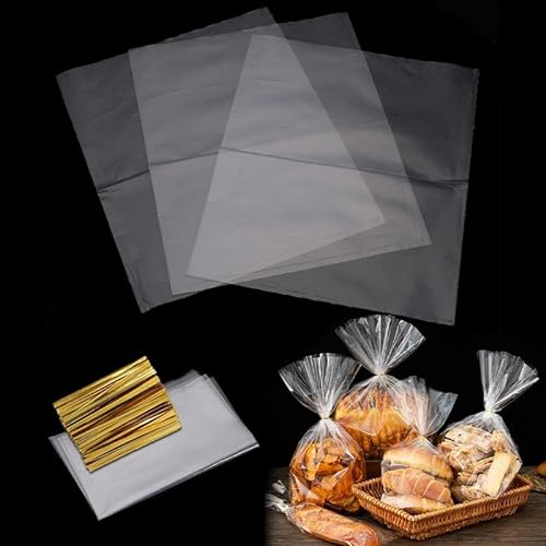 200pcs Cellophantüten 21x30/17x25/15x20/10x15cm Süßigkeiten tüten Transparent kekstüten mit Metallischen Bindebaender für Brot Kekse Kindergeburtstag Gastgeschenke Tütchen (13cm*18cm)