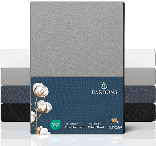 BARBONS Spannbettlaken 180x200cm – 100% Baumwolle Spannbettlaken, Oeko-TEX Zertifiziert, Bettlaken Jersey, Spannbetttuch, Matratzenhöhe bis 25 cm (Hellgrau - 180x200)