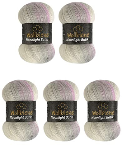 Wollbiene Moonlight Batik - Ovillos de lana para tejer y ganchillo, 5 unidades de 100 g, 500 gramos, 20% lana turca, degradado (2700 rosa gris)