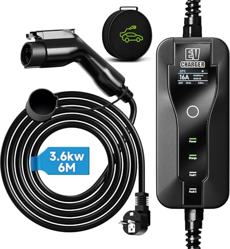 AFYEEV 3.6kw Ladekabel Typ 1, 6M Mit Schuko Stecker, Einstellbarer Strom 8A/10A/13A/16A Elektroauto Ladegerät Mit Tasche (SAE J1772)