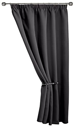 Emma Barclay Cali Pencil Pleat - Woven Thermal Blackout Pencil Pleat Door Curtain in Charcoal - Width 66 x 84Drop (168x213cm)
