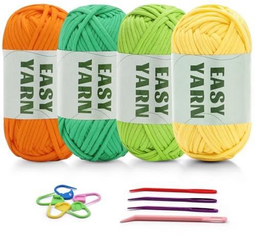 4 X 50g Häkelgarn Chenille Wolle Zum Häkeln Easy Crochet Yarn Dicke Schlauchgarnzum Häkeln gut Sichtbare Maschen, Plüschwolle Dickes Garn Baumwoll-Nylon(Orange + Gelb + Hellgrün + Dunkelgrün)