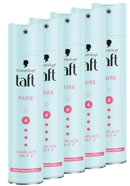 Schwarzkopf Taft Haarlack Pure (5x 250 ml), Haarstyling Haltegrad 4, Haarspray für alle Haartypen, Keine Silikone, Kein Parfüm, Vegane Formel*
