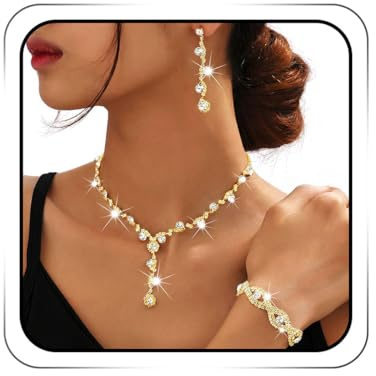 Sixexey Rhinestone Jewelry Set Sparkly Prom Jewelry Necklace Wedding Necklace Jewelry Accessories for Women (Gold)
