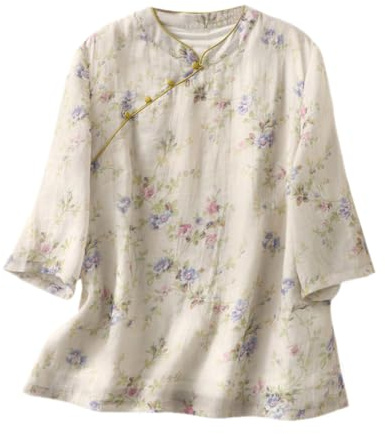 YM YOUMU Vestido para mujer, blusa tradicional china, mangas tres cuartos, cuello en V, estampado étnico floral, verano, Qipao