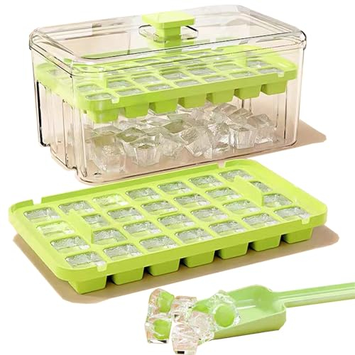 Stampo per cubetti di ghiaccio con contenitore, 56 contenitori per cubetti di ghiaccio ecologici per alimenti, facile da rimuovere premendo 1 secchiello per ghiaccio e pala (verde, arancione giallo)