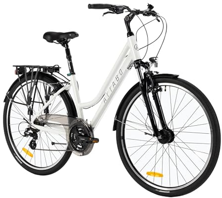 ATTABO Trekking Fahrrad Damen mit 19 Rahmen Ergonomischer Lenker V-Brake Bremsen Strapazierfähiges weißes Fahrrad mit 28 Rädern mit niedrigem Heckgepäckträger im Set Fahrradklingel Reflektoren