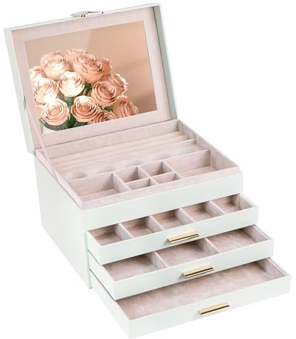 AdelDream Schmuckkästchen Schmuckkasten mit 4 Ebenen Schmuckbox mit Verschluss große Schmuckstücke Schmuckaufbewahrung Geschenke für Damen Töchter und Freunde an Geburtstagen Cremefarben