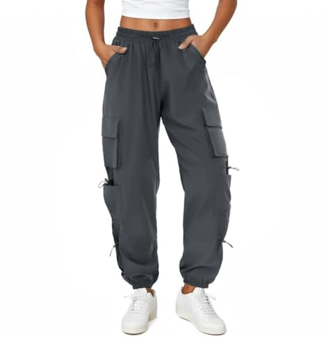 Friptspyg Cargohose Damen Leichter Trekkinghose mit Tasche Wanderhose Schnelltrocken Wasserdicht Einstellgurt Outdoor Hosen Sportlich Jogginghose, Grau XL