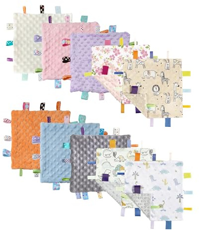 CREVENT Tag Security Blankets for Babies, Soft Small Loveys for Boys, Baby Comforter Sensory Blanket, Great Gifts for Birthday Baby Shower (24X24cm 10 Taggies)