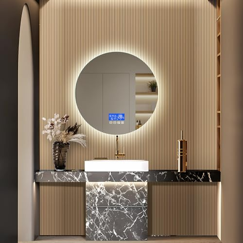 JDEFARF Miroir de salle de bain rond 60 cm avec éclairage LED réglable, lumière chaude 3600K-6000K, grand miroir mural pour salle de bain (B, 60)