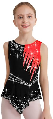 ranrann Fille Justaucorps Patinage Artistique Strass sans Manches Leotard Gymnastique Danse Robe Patinage sur Glace Compétition Entraînement Rouge 15-16 ans