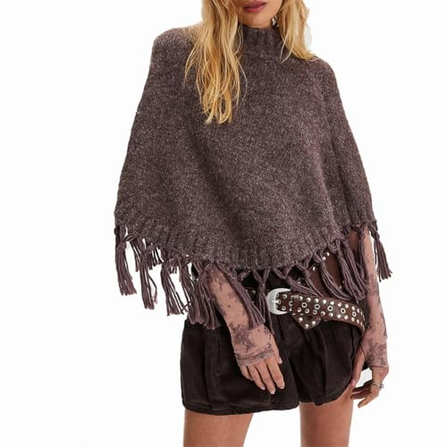 Mieeyali Women Tassel Knit Cropped Poncho Y2K Mock Neck Knitted Fringe Shawls Wraps Sweater Fall Winter Elegant Holiday Cape (Brown, ONE SIZE)