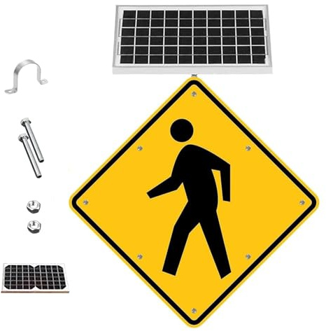24x24in Solar Pedestrian Crossing Sign Flashing LED Highlight Road Traffic Blinking Street Warning Sign, Aluminum Crosswalk Signs for Park School Urban 24