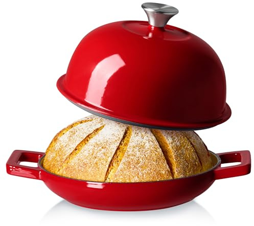 CAROTE Enameled Cast Iron Bread Dutch Oven, Round Bread Oven Pot with Dome Lid for Homemade Sourdough Bread Baking, Healthy & Non-Toxic, Dual Handles, All Stovetop Compatible, Oven Safe up to 500° F, 1.5 Quarts, 9 Inches, Red