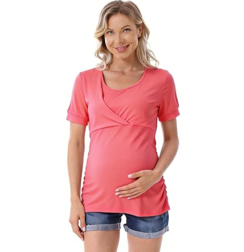 Kaeltsyn Ropa de embarazo transpirable de manga corta, ropa de lactancia fácil, color liso, cuello en V, camiseta de lactancia para mujer, camiseta de maternidad con abertura oculta