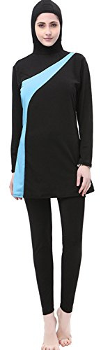 BOZEVON Women Full Length Muslim Swimwear Suit 2 Pieces Long Sleeve Swimsuit, Black+Blue, XL