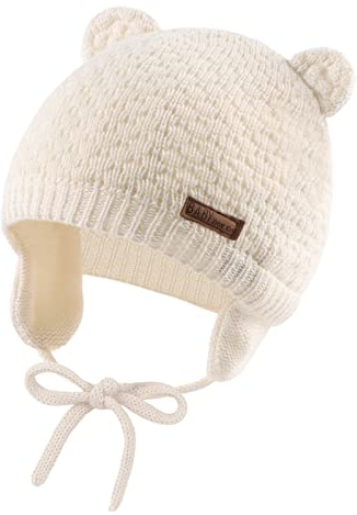 XIAOHAWANG Bébé Chapeau d'hiver Tricoté Enfant Bonnet Ours Chapeaux Fille Garçon Visage Oreille Protect (Blanc, S)