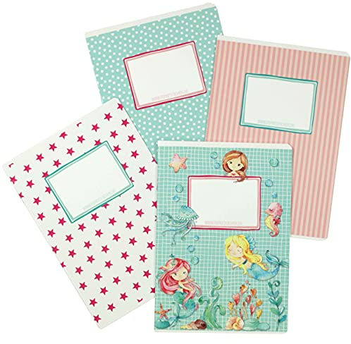 Papierdrachen 4 hochwertige Schulhefte für Kinder DIN A5 | liniert und kariert 32 Seiten - Motiv Meerjungfrau - zur Einschulung für Grundschüler - Set Nummer 1-16 Blatt