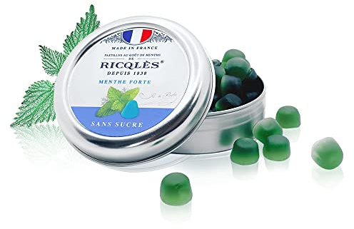 RICQLES-PASTILLES MENTHE SANS SUCRES- Haleine Fraîche, Mal des transports-Goût menthe forte -NOUVELLE FORMULE-Boîte en métal de 45g