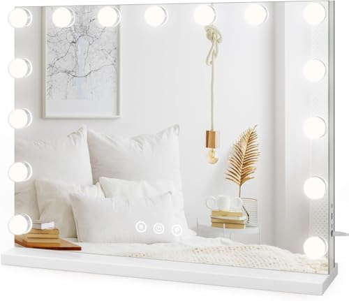 Dripex Specchio da Trucco con Luci, 58x45cm Specchio Hollywood da Toeletta con Lampadine a 15 Led Tre Colori di Luce e Funzione di Luminosità Regolabile con Controllo Tattile, Bianco