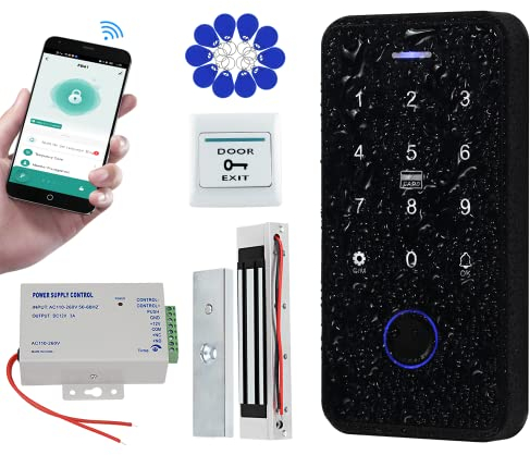 QTTYELOK Bluetooth Tuya Zutrittskontrollsystem Kit Wasserdicht RFID Tastatur Fingerabdruck Biometrie + 180KG/350lbs Elektrischer Magnetverschluss + 10pcs 13.56Mz Schlüsselanhänger
