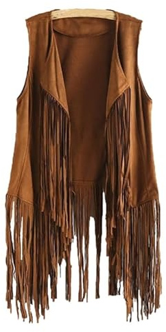 Reoyloep Gilet hippie da donna senza maniche con frange in finta pelle scamosciata vintage con nappe cardigan, cachi, xxl