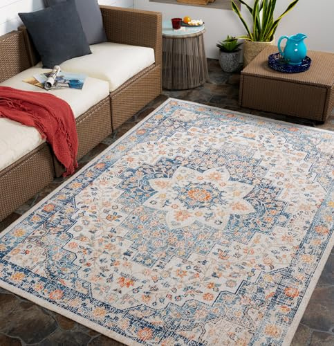 Livabliss Alfombra Exterior/Interior Terraza Assa - Alfombra de Pasillo para Cocina, Entrada, Boho Resistente a los Rayos UV y a Las Manchas - Alfombras Grande 120x170cm, Azul, Beige, Óxido