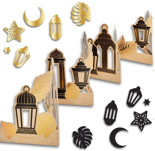 Papierdrachen Ramadan Decorazione da tavolo – Ghirlanda da appoggiare – con elegante motivo lanterne nero oro e con coriandoli da tavolo – Laminato oro – Eid Mubarak – Sugar fest
