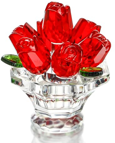 H&D HYALINE & DORA - Statuetta di rosa di cristallo rosso, bouquet di rose di cristallo, decorazione per centrotavola di anniversario di matrimonio