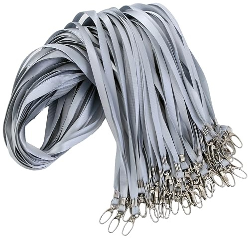 ROSSHINE 100pcs Silver Gray Lanyards for Neck, Nylon Strap Lanyard | Badge Holders with Metal Swivel Hook for Keys ID Cards Name Tags Ideal for Offices Staff Student Doctors Visitors