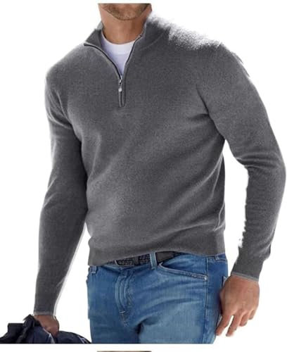 BAWUTZ Herren Kaschmir Reißverschluss Basic Pullover, Herren-Poloshirt, klassisch,Herren-Pullover mit V-Halsausschnitt, langärmelig, weicher Griff, Viertelreißverschluss (Grau,L)