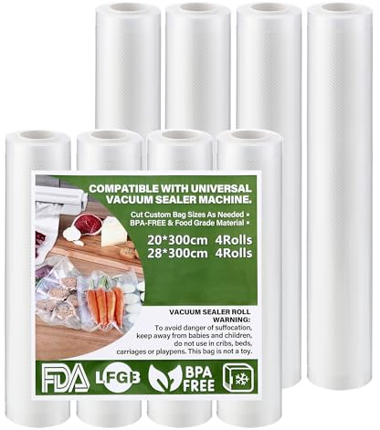 8 Rollen Vakuumierfolie, Vakuumbeutel Lebensmittel 20(4)/28(4) x 300cm, BPA-frei, Wiederverwendbar und reißfest, Spezialisierte Vakuumbeutel für Lebensmittel-Vakuumiermaschinen