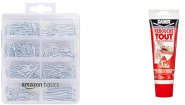 Amazon Basics Assortiment de clous - Avec clous de finition, pointes, clous ordinaires & Sader Rebouche Tout – Enduit de Rebouchage Intérieur Prêt à l’Emploi – Tous Supports