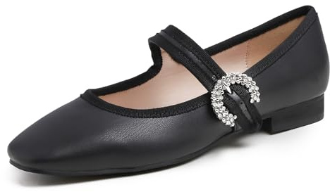 Feversole Square Mary Jane Fashion - Zapatos Planos con Hebilla y Puntera Redonda para Mujer, Maryjane - Negro Napa 38 EU
