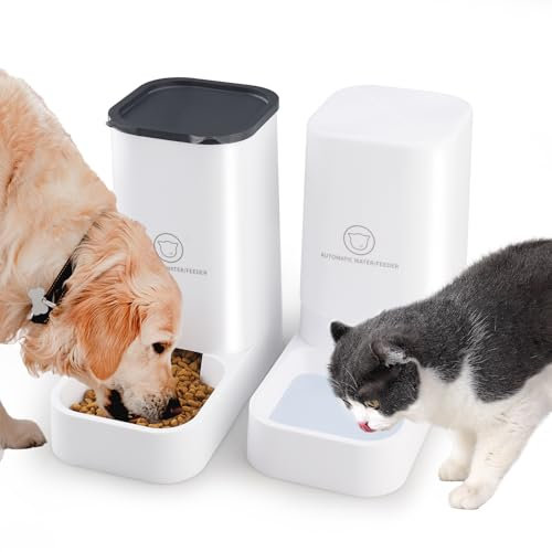 Pfloge® Automatischer Futterspender Katze, 2.1kg Futterautomat Katze und 3.8L Wasserspender Hund, Ohne Strom, PBA Frei Reisefutterspender Katzen Wasserspender-(Weiß)