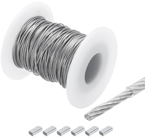 QUARKZMAN 30M x 1,2mm (98Ft x 3/64) Fune Metallico Cavo Acciaio Inossidabile 304, Tenditore Tirante con 6pz Manicotti Alluminio per Appendere Stendibiancheria Sollevamento, Trasparente