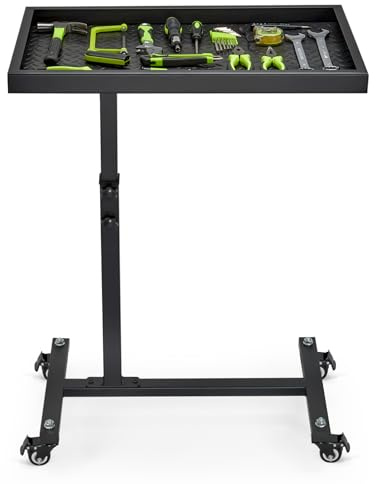 OLBRUS Adjustable Work Table with Wheels, Mechanic Rolling Tool Tray Table for Garage Repair Shops DIY, 220LBS Capacity Mobile Heavy Duty Steel Tool Cart (Black)