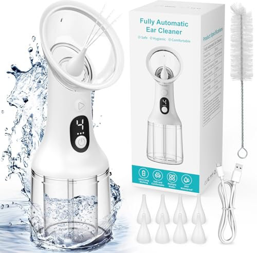 Automatic Ear Wax Removal, Upgrade USB Electric Water Powered Ear Cleaner with 4 Cleaning Modes IPX7 Waterproof Ear Irrigation System Reusable Ear Flushing Cleaning Tool for Kids Adults-White