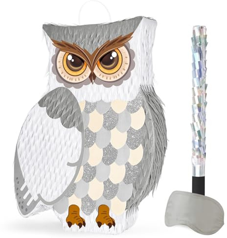 WERNNSAI Piñata de búho – Piñata de búho blanco con venda para los ojos y palo para niños, mago mágico, decoración de fiesta de cumpleaños, suministros de celebración de juegos de fiesta de animales