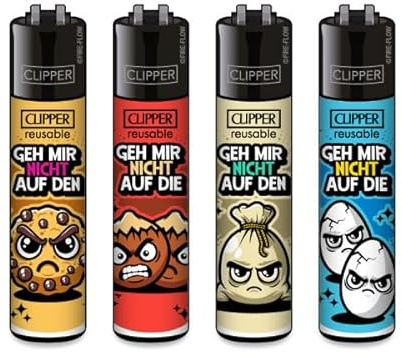 Clipper Feuerzeuge 4er Set Nachfüllbar & Wiederverwendbar Buntes Design Perfekt für unterwegs & Zuhause (GEH Mir Nicht)