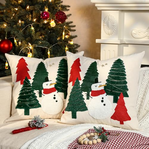 Lewondr Fundas de Almohada de Navidad, 2PCS 45x45CM Fundas de Cojín Navideñas de Lona con Bordado de Muñeco de Nieve y Árbol de Navidad, Funda para Almohada Decorativa para Sofá Dormitorio Sala Coche