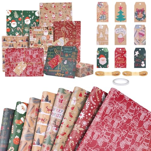 8 stycken Wrapping Paper Christmas, 70 x 50 cm kraftpapper, med hängkort x9 + hamprep x2, för att slå in presenter på julfester, juldekoration