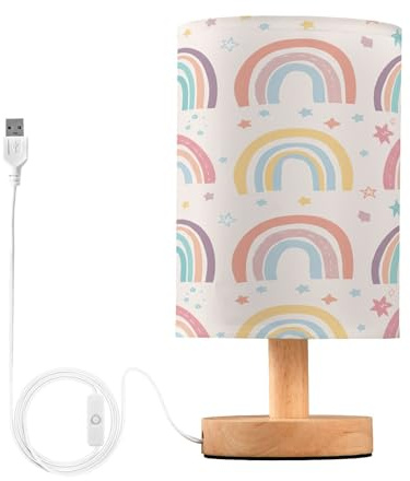 Cgiub Lampe de chevet arc-en-ciel pour chambre à coucher, lampe de chevet LED, lampe de lecture avec abat-jour en tissu, base en bois et port USB pour bureau, salon, chambre d'enfant