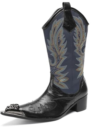 Yhsdfcn med Klassiskt Broderi Western Cowboy-boots i Äkta Läder för Herrar, Mellanhöga Stövlar, Traditionella Pull-on Boots utan Dragkedja - Retromode med Metalltå